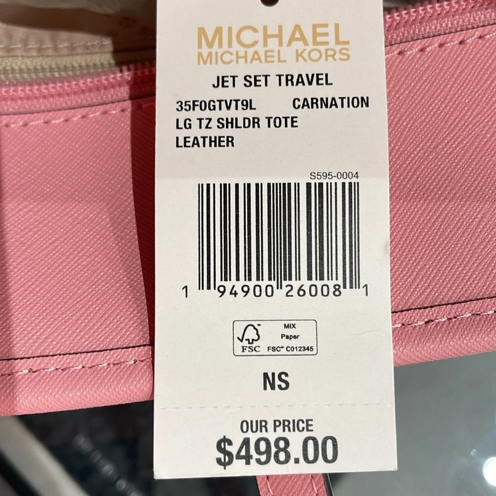 MICHAEL KORS Jet Set Travel Lg Top Zip Shoulder Tote Saffiano Leather Carnation
